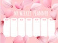 Romantic pink weekly planner with falling sakura petals. Vector stationary template